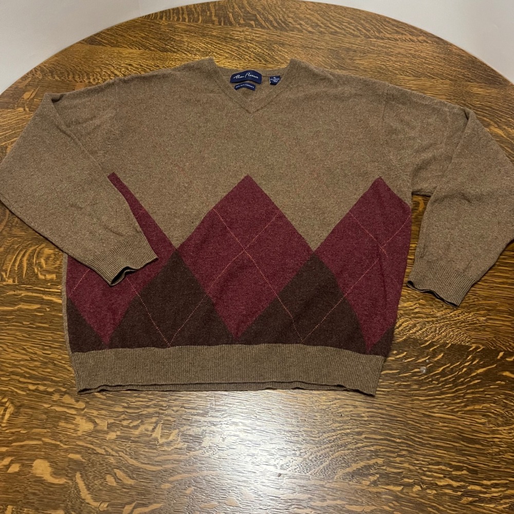 Alan Flusser Sweater Mens XL Brown Argyle 100% Pure Cashmere V-Neck Pullover